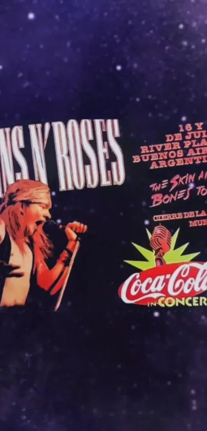 Guns N' Roses concert poster with purple background and vibrant design.