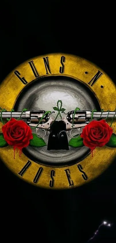 Guns N' Roses logo on a dark background with red roses and crossed guns.