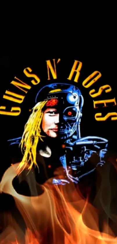 Guns N' Roses fusion art with cyborg imagery on a black background.