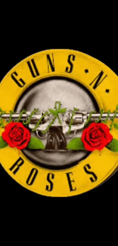 Guns N' Roses logo with roses and barbed wire on yellow background.