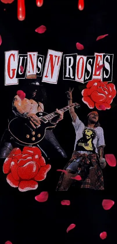 Guns N' Roses themed rock wallpaper with red roses and musicians.