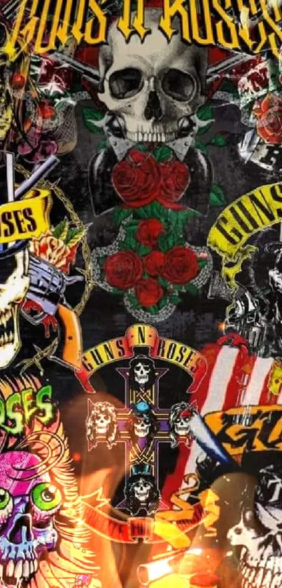 Vibrant Guns N' Roses skull design mobile wallpaper.