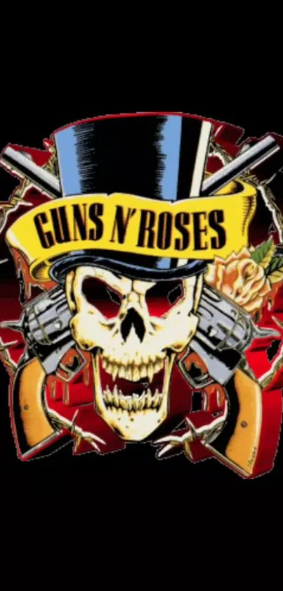 Guns N' Roses skull logo with vibrant red and black design.