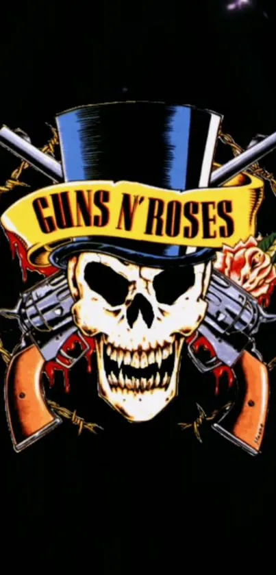 Guns N' Roses skull with hat and guns design.