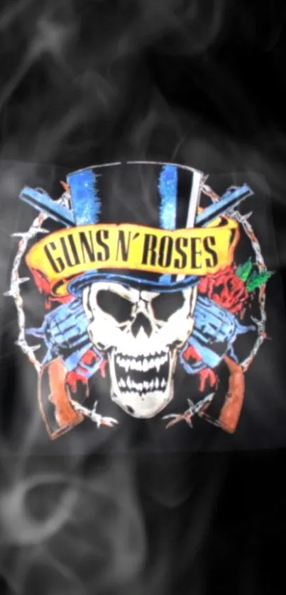 Guns N' Roses skull with smoke effect on a black background.