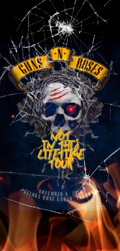 Guns N' Roses skull tour poster with blue and yellow colors.