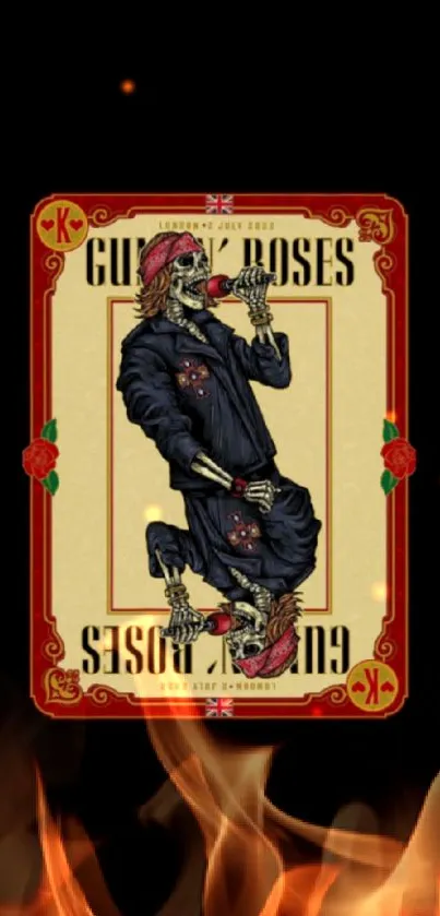 Guns N Roses playing card with skeleton king on dark fiery background.