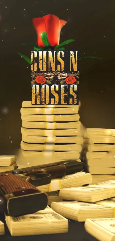 Guns N' Roses wallpaper with money, pistol, and red roses.