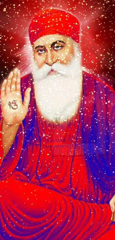 Guru Nanak Dev Ji in vibrant red attire with a divine aura.