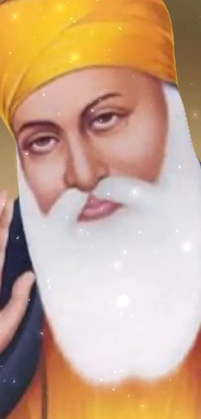 Guru Nanak Dev Ji with a yellow turban and white beard, spiritual wallpaper.