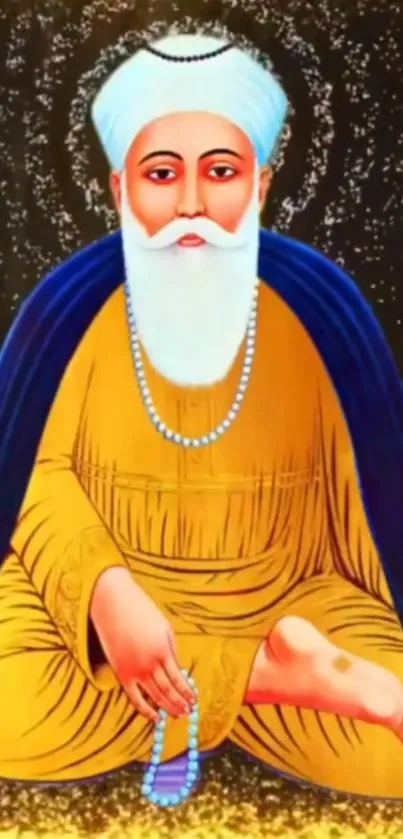 Colorful illustration of Guru Nanak Dev Ji with spiritual aura.