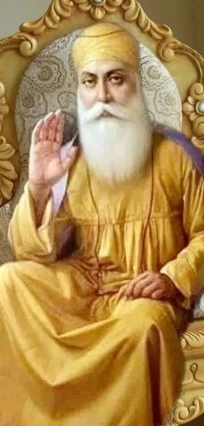 Spiritual guru portrait on golden throne, offering a serene ambiance.