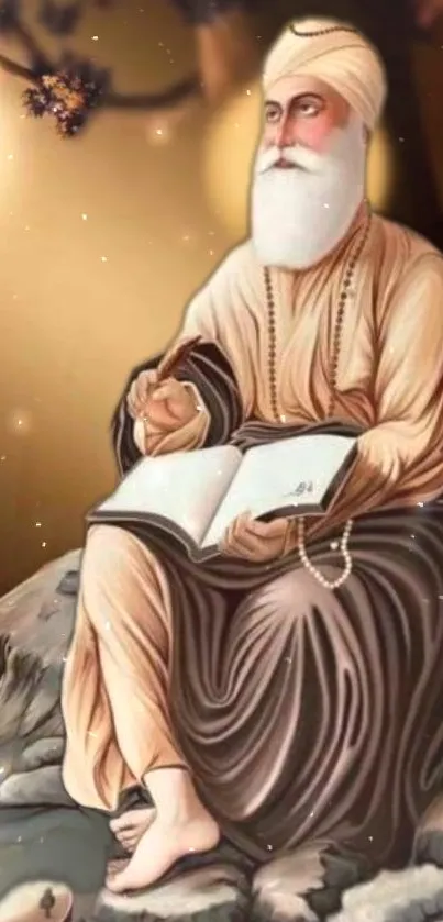 Guru reading a divine book with a serene expression.