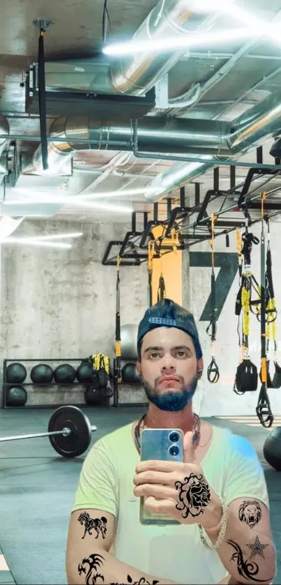 Mobile phone selfie in a modern gym.