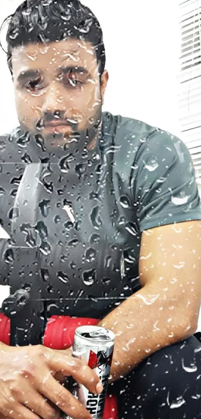 Man holding energy drink in gym setting, close view.