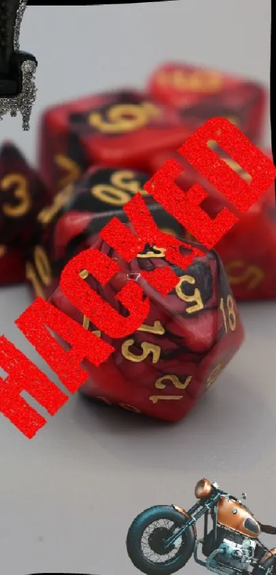 Mobile wallpaper with red dice and hacked text overlay.