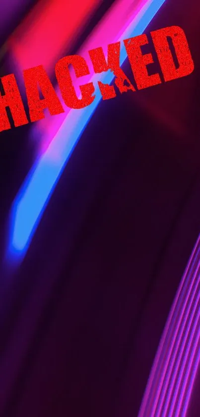 Neon-themed wallpaper with 'HACKED' in red on purple and blue lights.