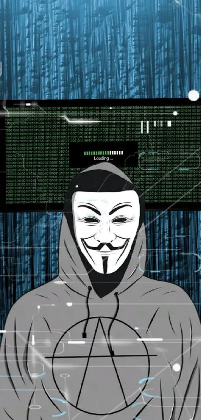 Hacker in hoodie with coding background wallpaper.