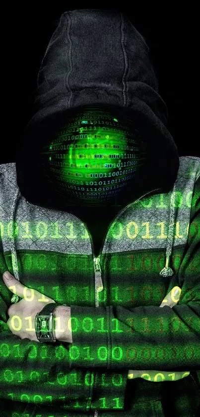 Hooded hacker with binary code overlay on a black background.