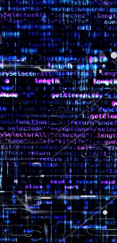 Mobile wallpaper with blue and purple hacker code glitch effect.