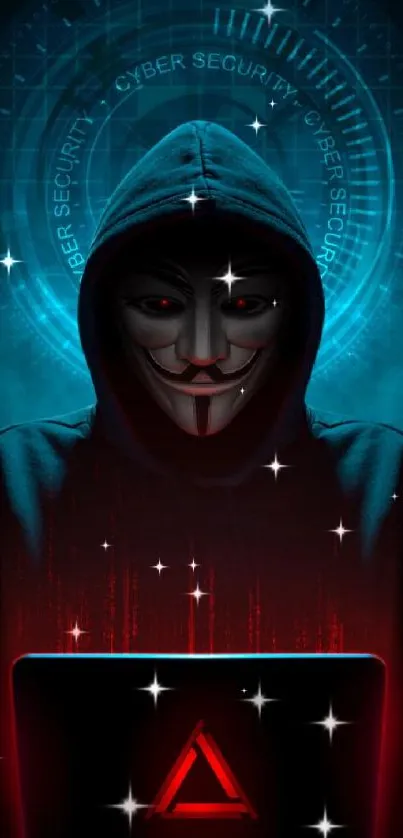 Cyber themed wallpaper with hooded hacker.