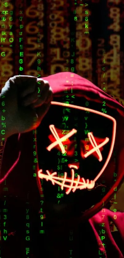 Hacker-themed wallpaper with neon mask and digital code.