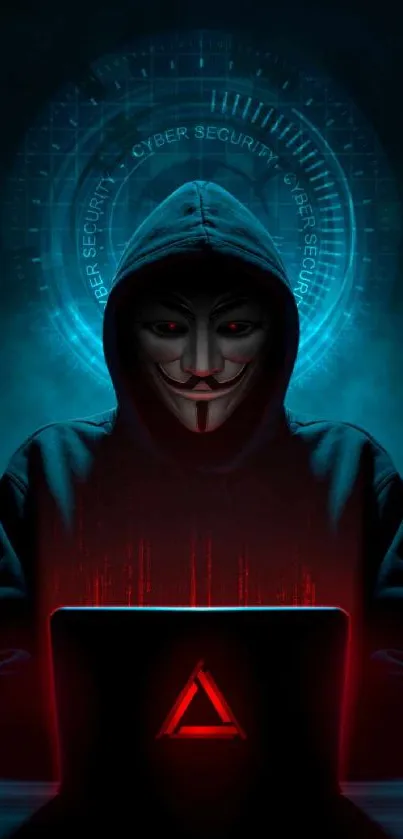 Masked hacker in cyber theme wallpaper.