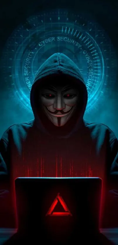 Enigmatic hacker with mask and cyber backdrop in dark teal and red tones.