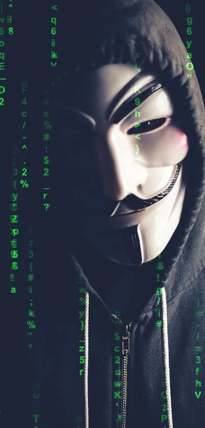 Mysterious hacker wearing a hood with green digital code flowing down.