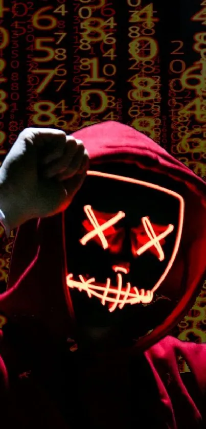 Mysterious hacker mask with neon lights on a red background.