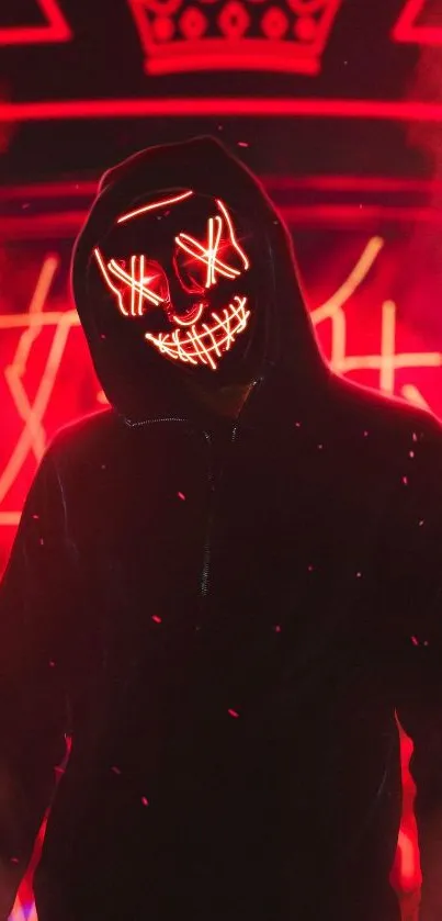 Hooded figure with neon hacker mask on a dark background.