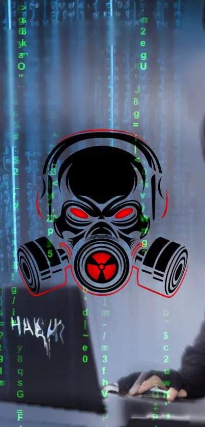 Hacker-themed wallpaper with gas mask and binary code design.