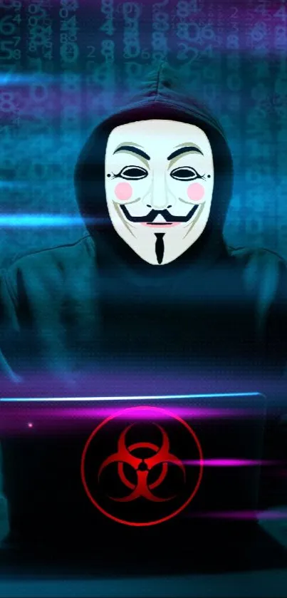 Mysterious hacker with mask and biohazard laptop wallpaper.