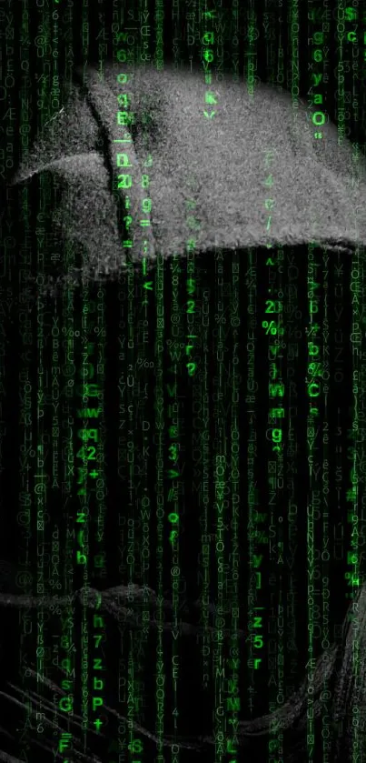 Hooded figure in matrix code wallpaper for mobile.