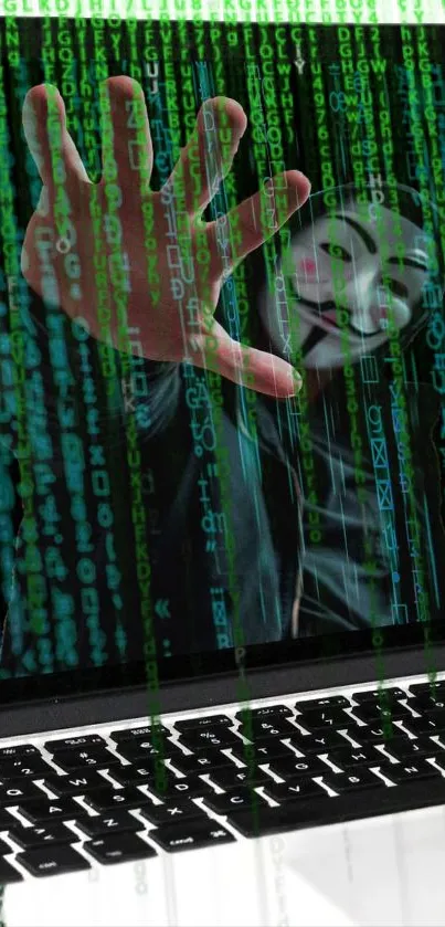 Hacker reaching through green matrix code on a laptop.