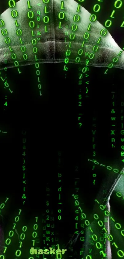 Mysterious hacker surrounded by glowing green binary code matrix.