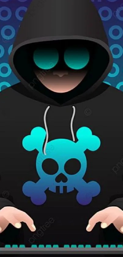 Hooded hacker with neon symbols in blue-green digital art.