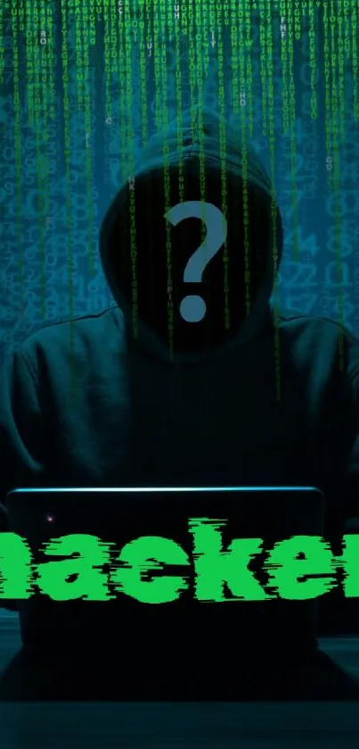 Mysterious hacker in a dark setting with digital code background.