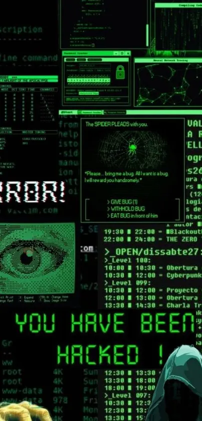 Hacker themed wallpaper with green text and coding symbols.