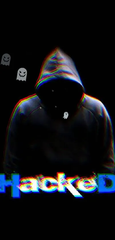 Dark hooded figure with glitch effect text on a black background.