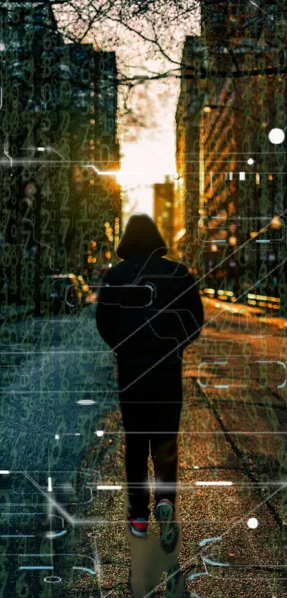 Silhouetted hacker walking in a sunset cityscape with digital overlays.