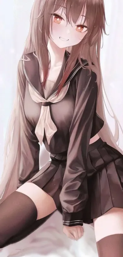 Anime girl in school uniform, sitting happily in a stylish pose.