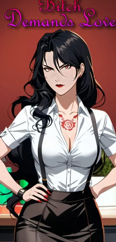 Bold anime character in office attire with dark red background.