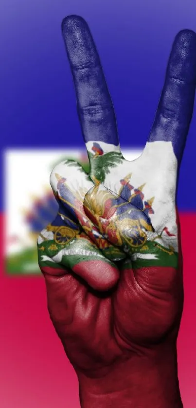 Red and blue peace sign with Haitian flag symbol.