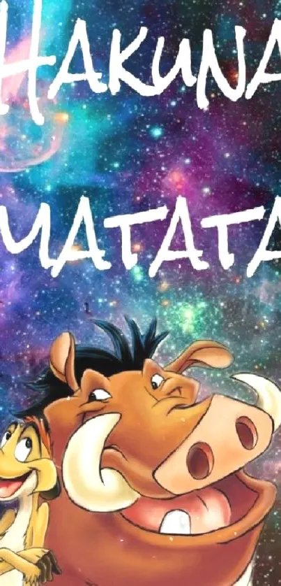 Hakuna Matata galaxy theme wallpaper with characters.