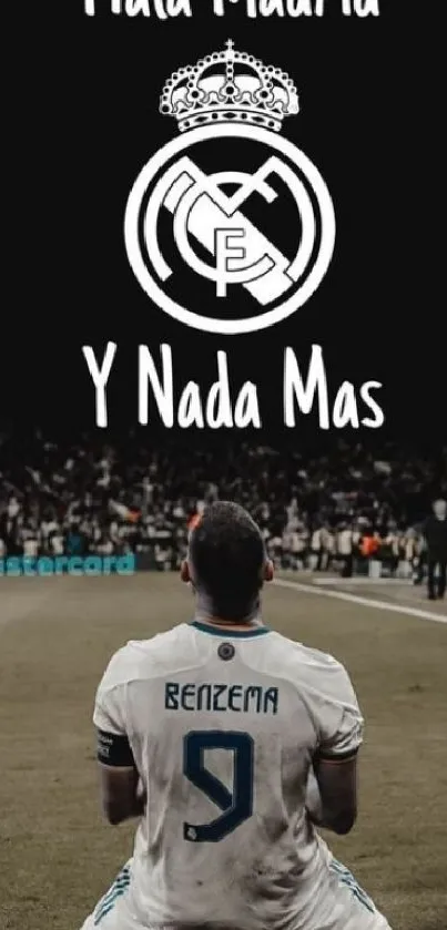 Football player at stadium with Hala Madrid theme.