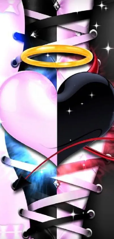 Half-heart design with angelic and demonic elements, black and pink theme.