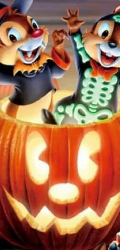 Animated characters in Halloween pumpkin costume for phone wallpaper.