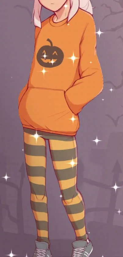 Anime character in pumpkin hoodie with Halloween theme.