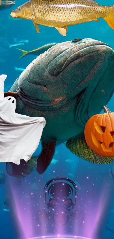 Surreal image of fish with Halloween elements like a ghost and pumpkin underwater.